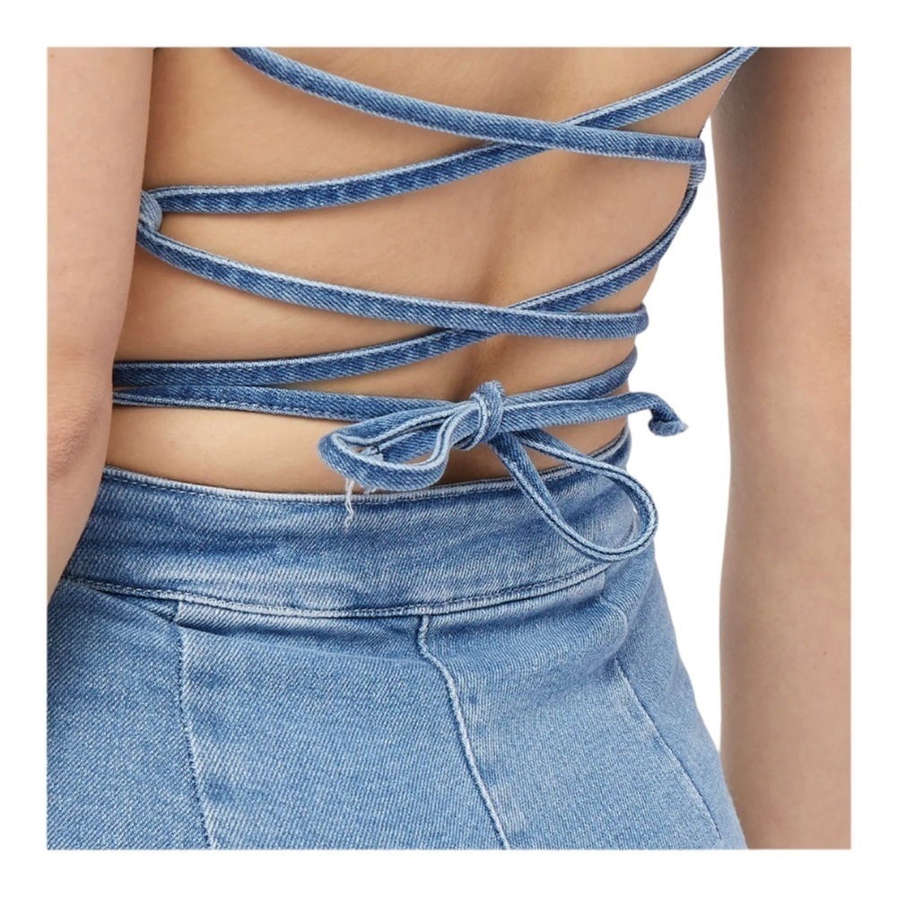 GOOD AMERICAN Vacay Denim Tie Back Flare Leg Jumpsuit NWT Size 0 - Picture 10 of 13